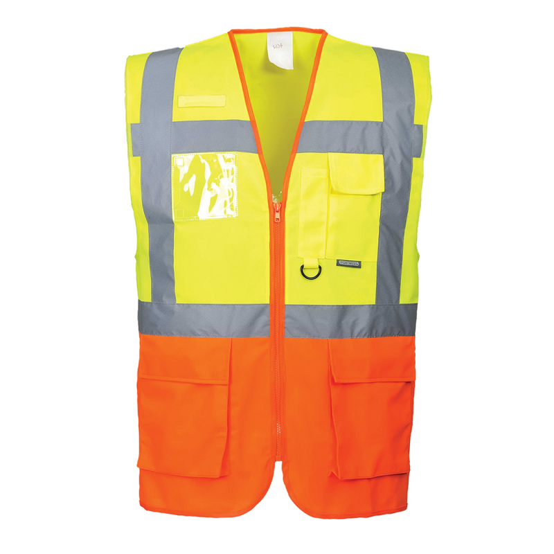 Warnweste, Mehrfachtaschen, vertikale und horizontale zweifarbige  reflektierende Bänder Gelb AV Orange AV — Maxport Workwear