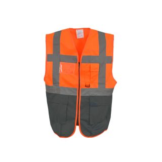 YOKO Warnweste Executive - orange / grau  mit vielen Taschen und Rei&szlig;verschluss