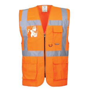 Warnweste BERLIN Executive - Orange mit vielen Taschen und Rei&szlig;verschluss nach EN ISO 20471  XS - 5XL