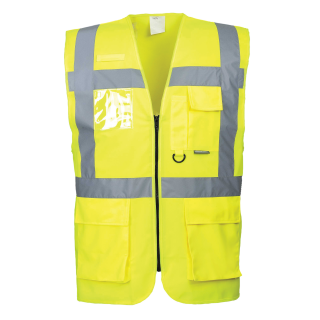 Warnweste BERLIN Executive - Gelb mit vielen Taschen und Reißverschluss nach EN ISO 20471 größe XL (ca. 128 cm Umfang)