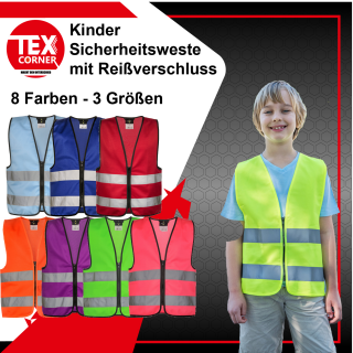 Korntex® Kinder Warnweste Reißverschluss Sicherheitsweste Funktionsweste 3  Größen