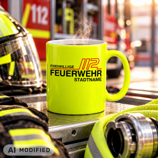 Neongelbe Feuerwehr Tasse FW1900 inkl. Wunschtext