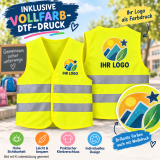 Kinder Warnweste gelb EN 1150 inklusive Vollfarb-DTF-Druck